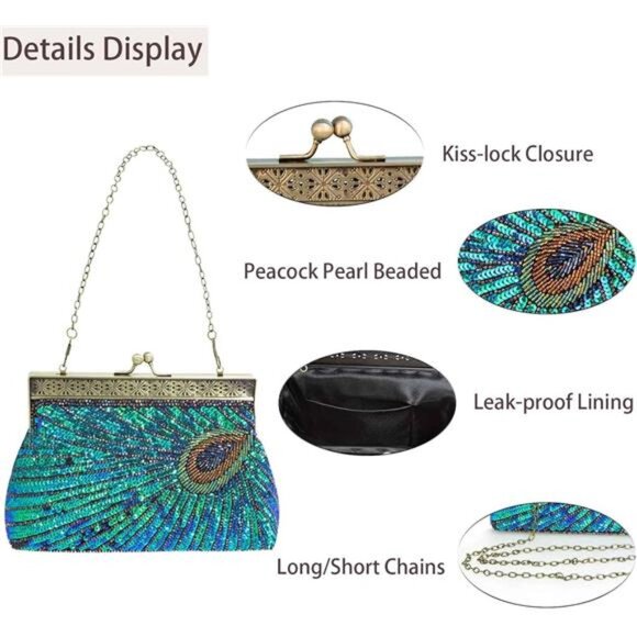 Womens Sequin Beaded Evening Bag Vintage Peacock Clutch Bags Wedding Party - Picture 3 of 7